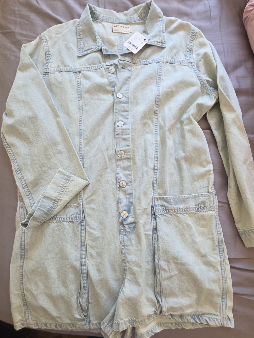 NWT Free People We The Free Utility Denim Romper XS Light Beam Blue Button Front